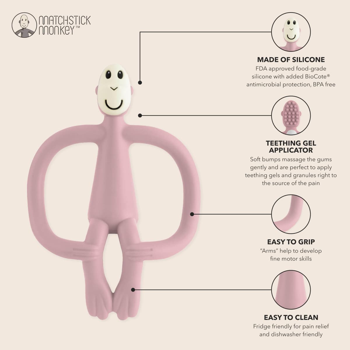 Matchstick Monkey, Original Teether & Gel Applicator, Antimicrobial Silicone Teething Toys for Baby, Easy to Grip, BPA Free, 3 Months Old+, 10.5 cm, Dusty Pink Monkey — view 4