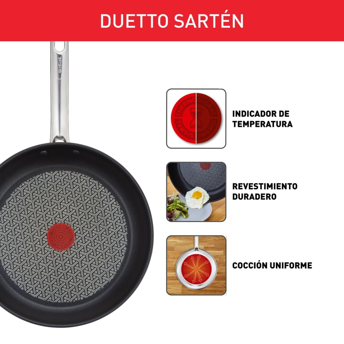 Tefal Duetto - Juego de Sartenes de 20/24/28 cm, Apto inducción, antiadherente, revestimiento titanio, Thermo-signal, apto lavavajillas y horno, acero inoxidable — view 3