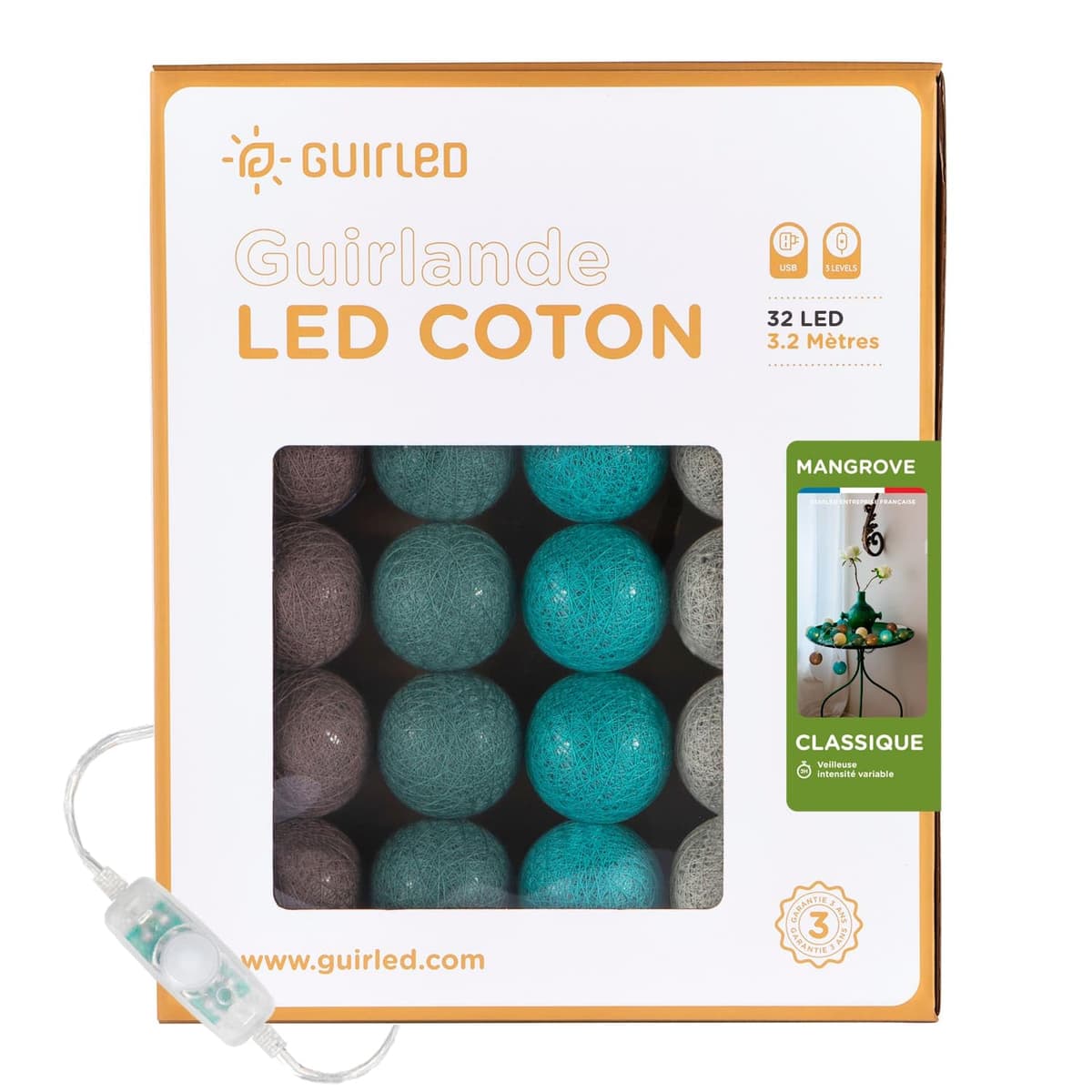 GuirLED - Guirnalda luminosa bolas de algodón LED USB- Luz de noche para bebé 2h - Adaptador de corriente dual USB 2A incluido - 3 intensidades - 16 bolas 1,6m - Byzantin — view 50