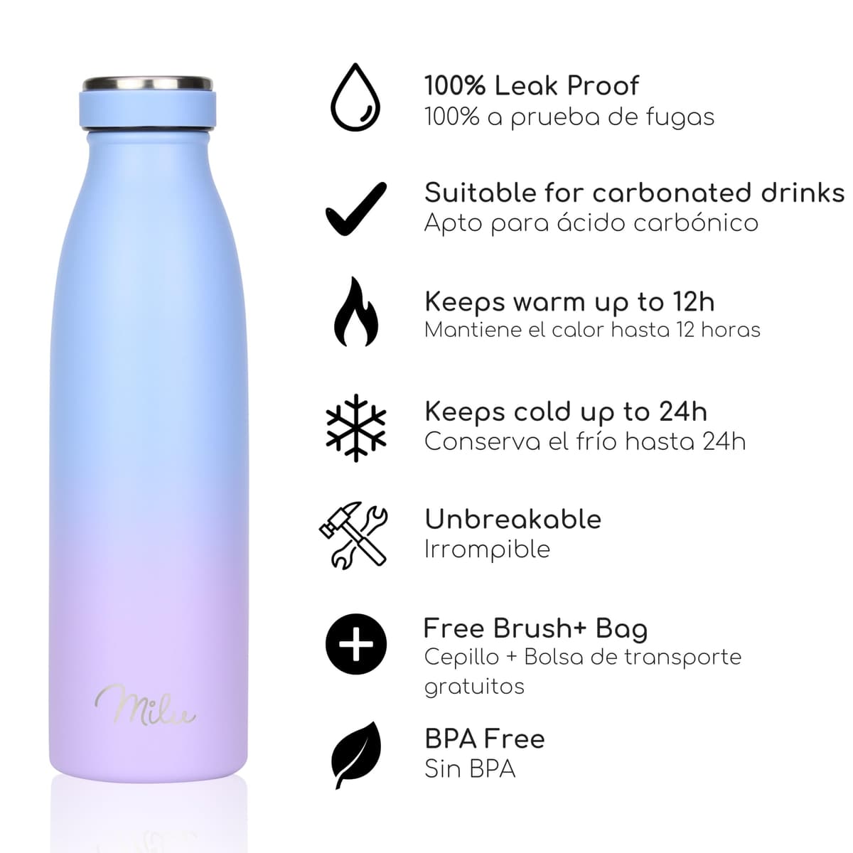 Milu Botella de acero inoxidable de 350ml 500ml 750 ml 1 L 1,5 L botella de agua aislada, termo a prueba de fugas, doble pared, apta para ácido carbónico + cepillo de limpieza (Azul Violeta, 350ml) — view 92