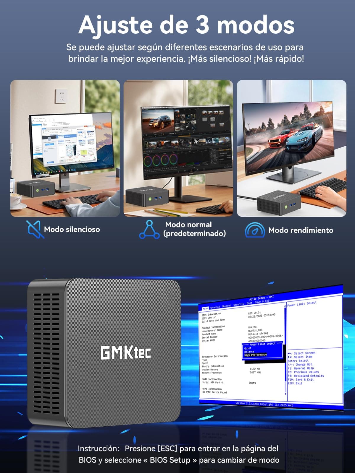 GMKtec Mini-PC N95 (Turbo 3,4 GHz) 8 GB DDR4 256 GB SSD Computadora de Escritorio 4K Doble HDMI Pantalla/3x USB 3.2/WiFi 5 BT5.0/RJ45 Ethernet Nucbox G3S — view 4