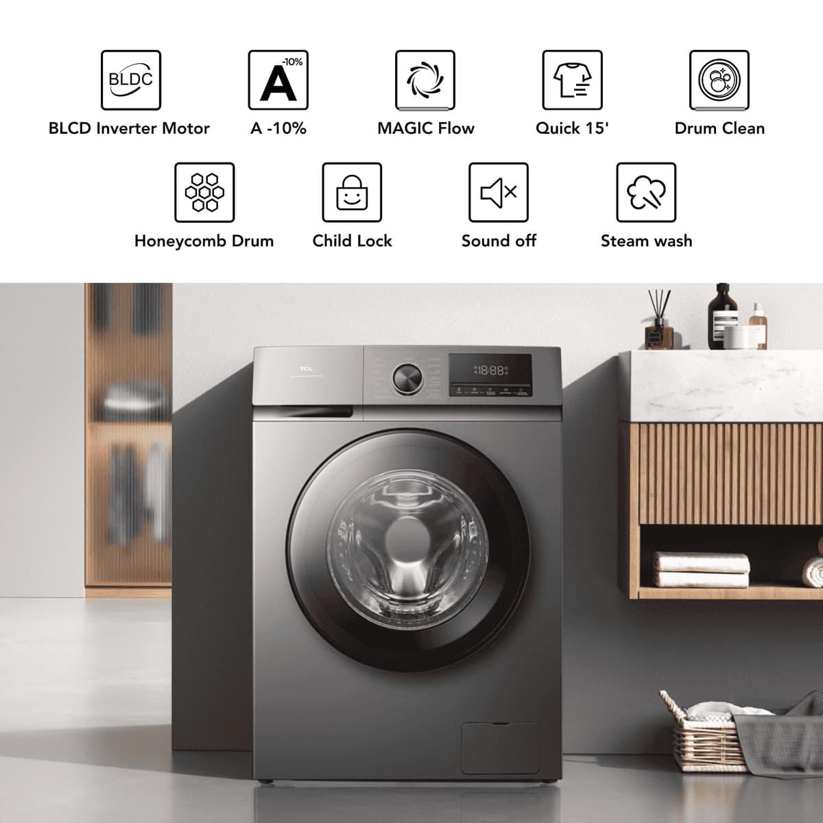 TCL 9kg, A-10% Class Energy Efficient, Front Load Washing Machine with 1400rpm Fast Spin, Smart LED Display, Multi-Program Steam Care, Safety Features- FF0924SA1UK — view 2