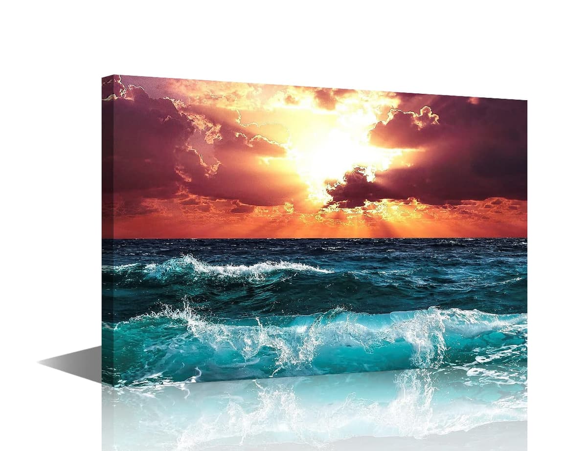 TISHIRON Wall Art Sandy Beach Sunrise Pictures Painting on Canvas Wall Art Modern Framed Seaside Canvas Prints Ready To Hang(24X16in) — view 44