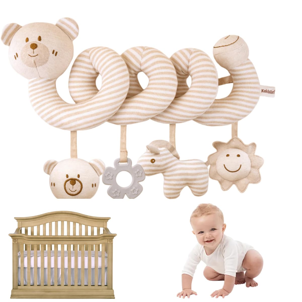 Juguete para cochecito de bebé, animales de peluche en espiral, juguetes para cuna colgantes con anillos de dentición, sonidos BB y campanas, juguetes sensoriales educativos tempranos para recié — view 3
