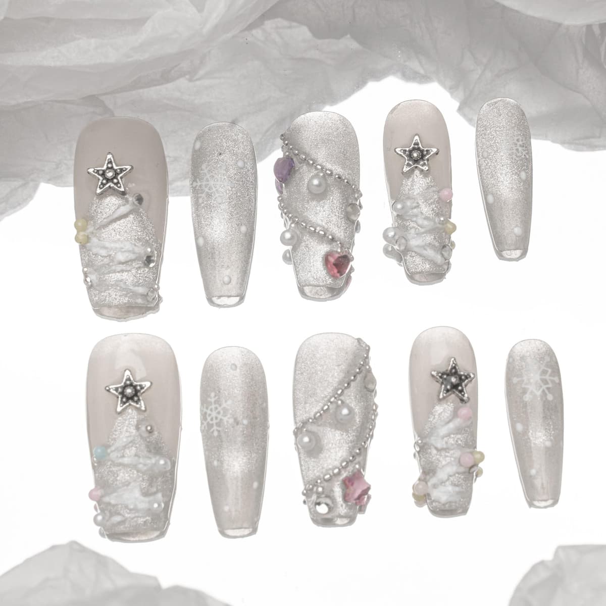Sun&Beam Nails Handmade Press On Nail Long Coffin Ballerina Pink Flower Acrylic Fake Tip 3D Design Art Charms Cute with Storage Box 10 Pcs (S) — view 173