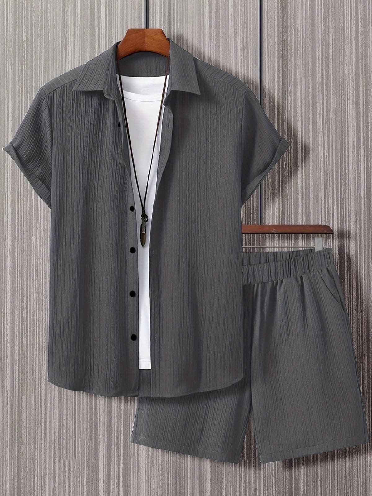 Conjunto corto de dos piezas para hombre, camisa con botones y pantalones cortos con cordón a juego, estilo casual para uso diario, viajes — view 5