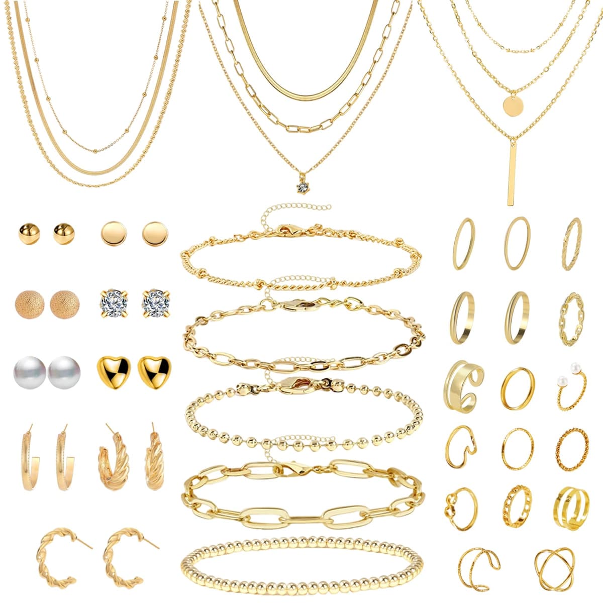 Joyas de Mujer - Set de 40 Piezas: Brazalete Dorado, Cadena y Collar Oro, Gargantilla y Choker Dorado, Bisutería, Joyería y Colgante para Mujeres, Oro