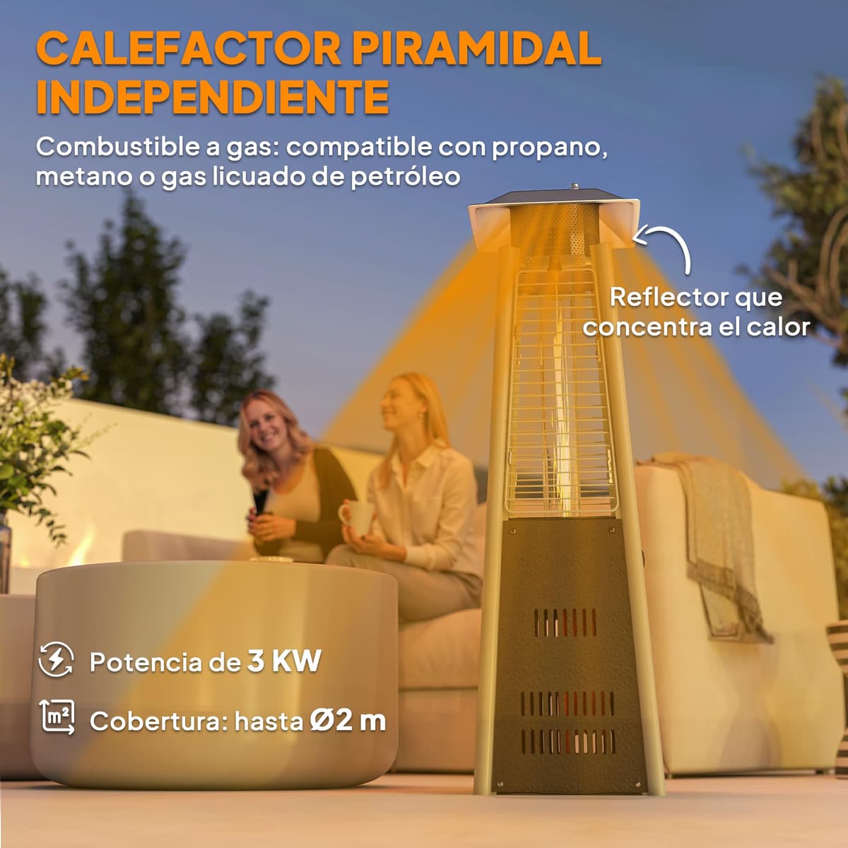 Outsunny Estufa de Gas Butano, 3000W, Calefactor de Exterior a Gas Portátil con Temperatura Ajustable, Protección contra Vuelcos, Ignición por Presión, para Butano y Propano, 3 m², Bronce — view 3