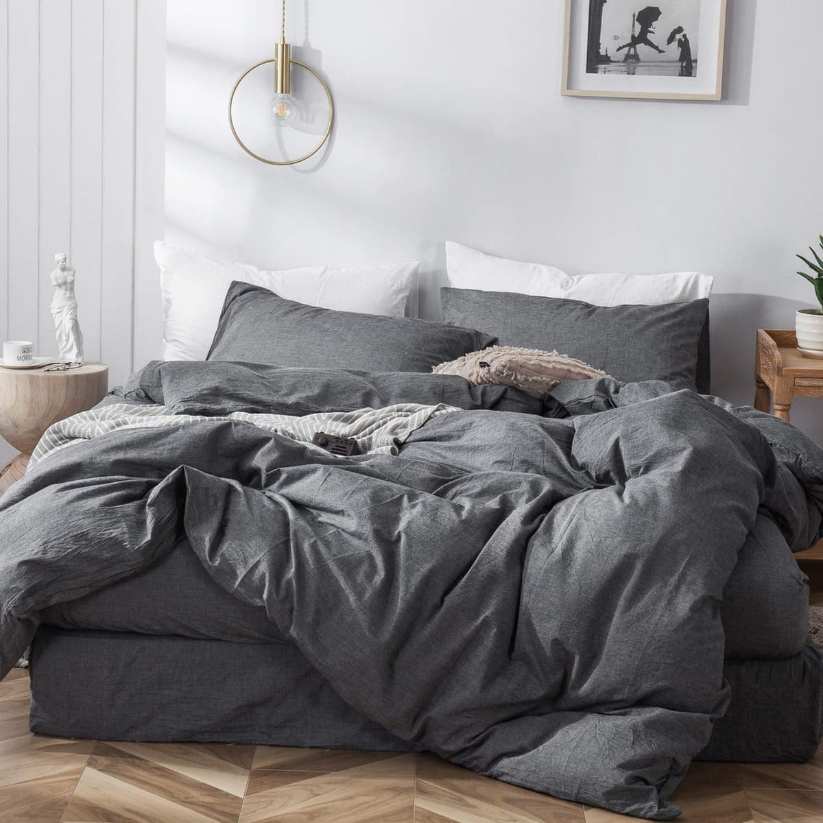 MooMee Bedding Duvet Cover Set 100% Washed Cotton Linen Like Textured Breathable Durable Soft Comfy (Tannish Linen Grey, King) — view 273