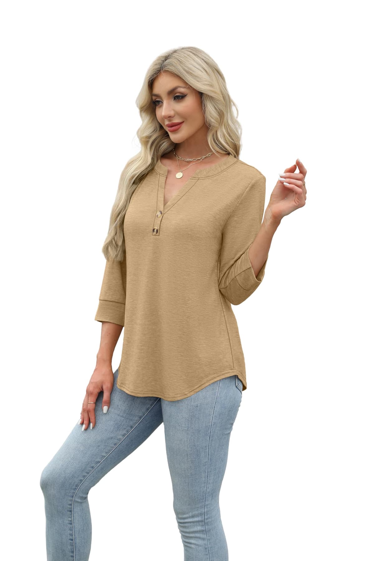 Aokosor Womens 3/4 Sleeve Tops Ladies Blouse V Neck Tunic Long Sleeve T Shirts Curved Hem Office Wear — view 3