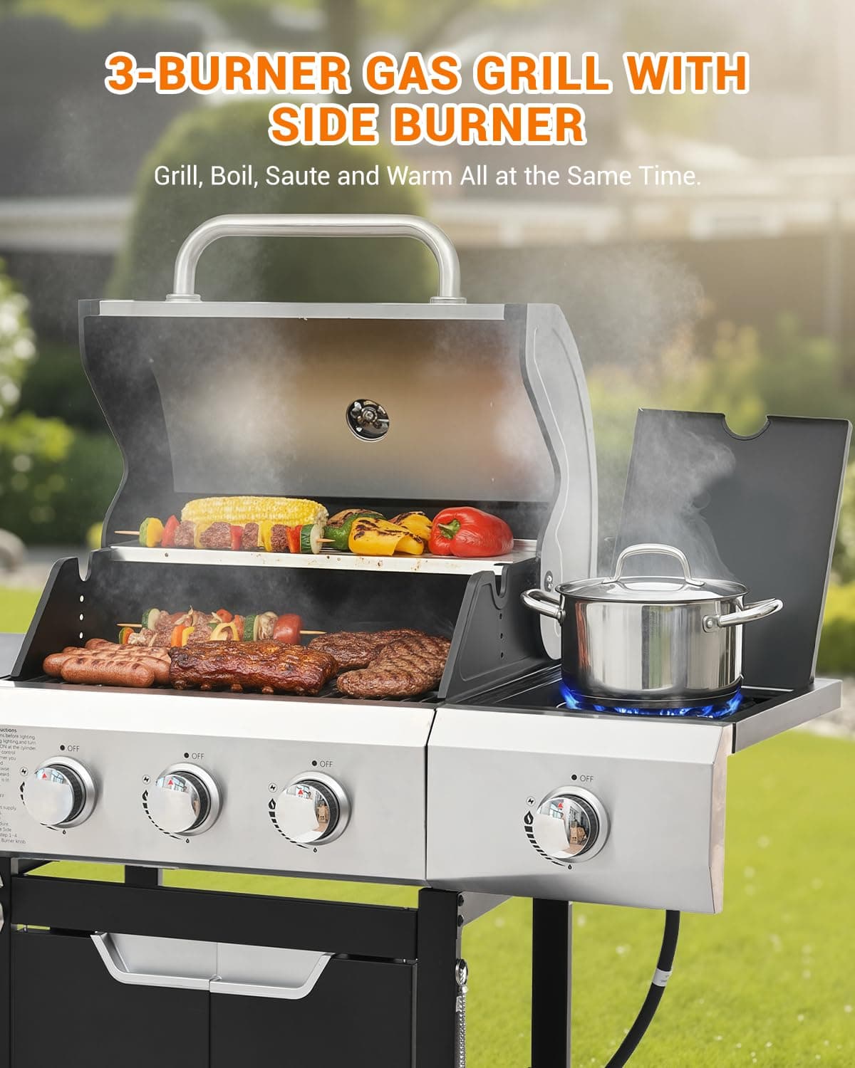 EUHOME 40,500 BTU 3-Burner Propane Gas Grill with Side Burner,Stainless Steel Outdoor BBQ Grill Portable with Wheels and Cast Iron Grates for Patio Garden Barbecue Cooking — view 3