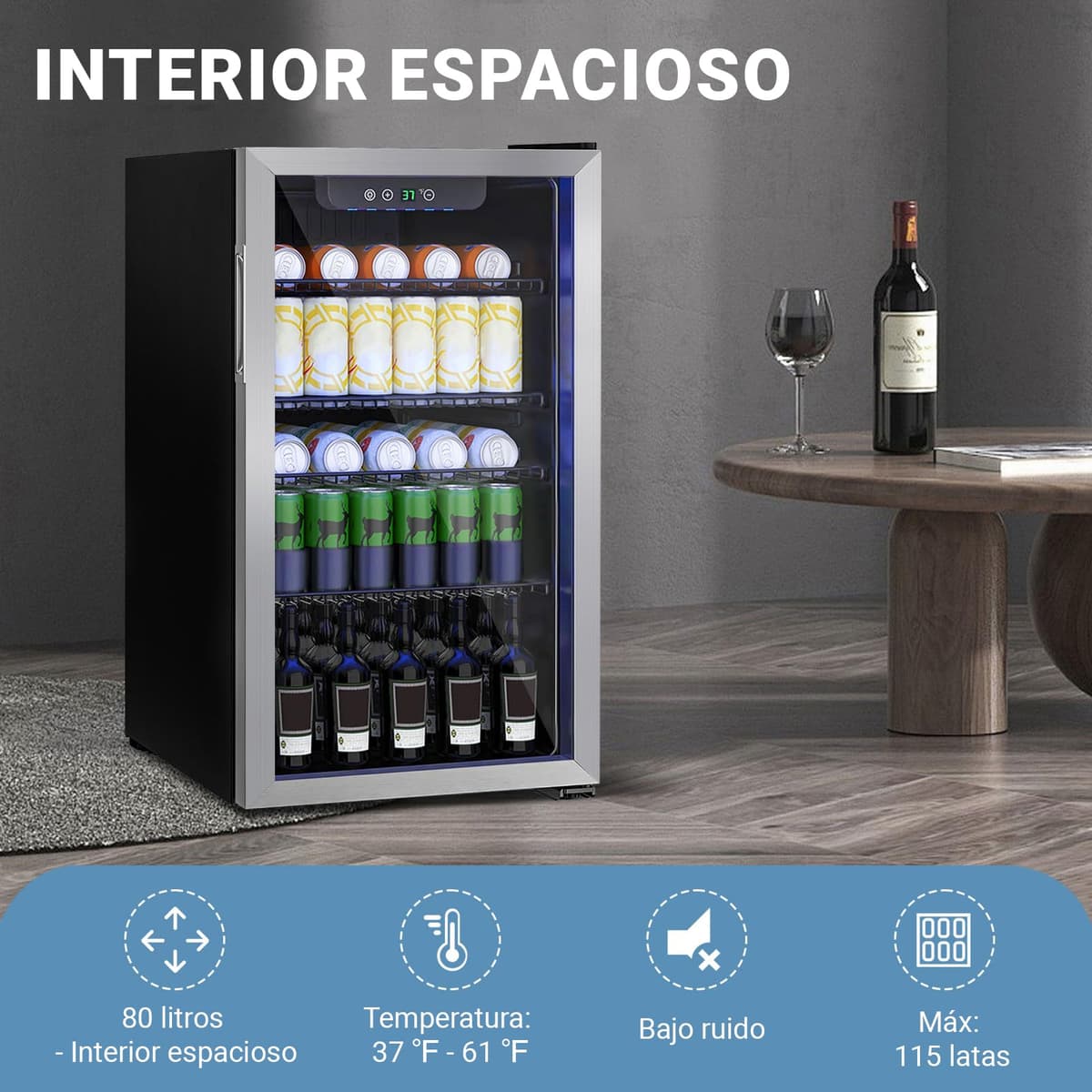 DollarDash Mini refrigerador de 80L, refrigerador independiente para bebidas con capacidad para 115 latas puerta de transparante para, refrigerador pequeño con estantes ajustables (plateado) — view 5