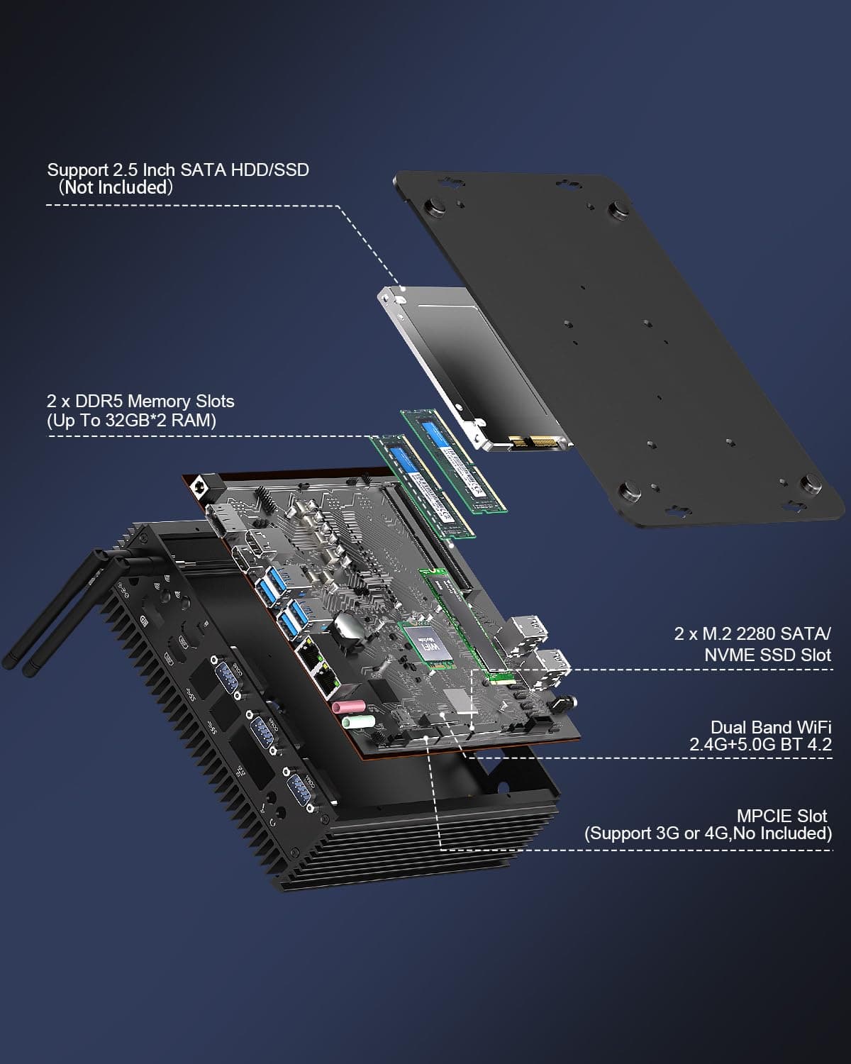 HISTTON Mini Industrial PC Core i5-1235U,16GB DDR5 RAM 512GB NVME SSD,WiFi5, BT4.2,TPM 2.0,Micro Computadora con 8 USB,6 COM,PXE,Encendido Automático,Mini PC Win 11 Pro/Linux Ubuntu — view 4