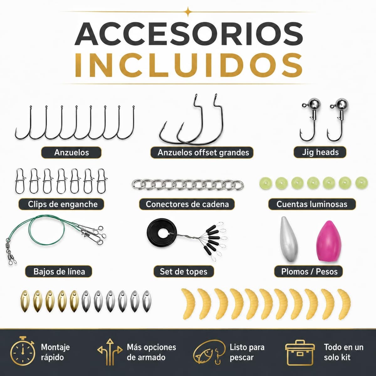 Kit de Señuelos de Pesca Spinning - Caja de Aparejos Completa con Cebos Artificiales Mixtos: Minnow, Saltamontes, Vinilos, Cucharillas y Anzuelos - Equipo de Pesca para Mar y Río (Black Ba — view 5