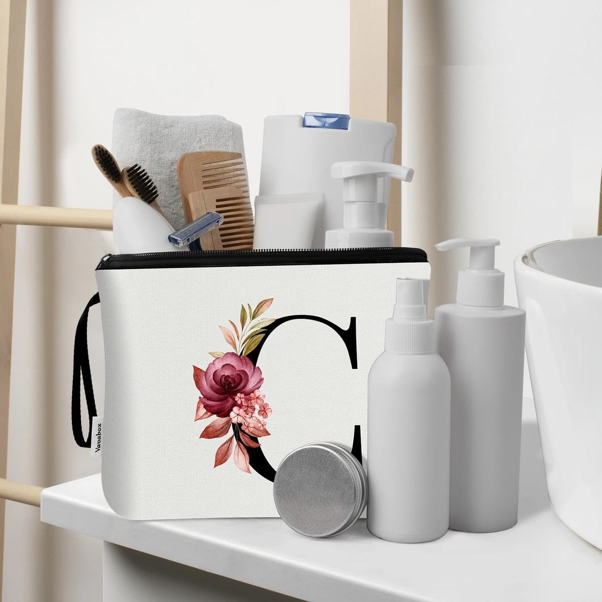 Vavabox 2 Pcs Initial Toiletry Bags Set,Birthday Gifts for Women,Travel Portable Makeup Bag with Handle (C, White) — view 5