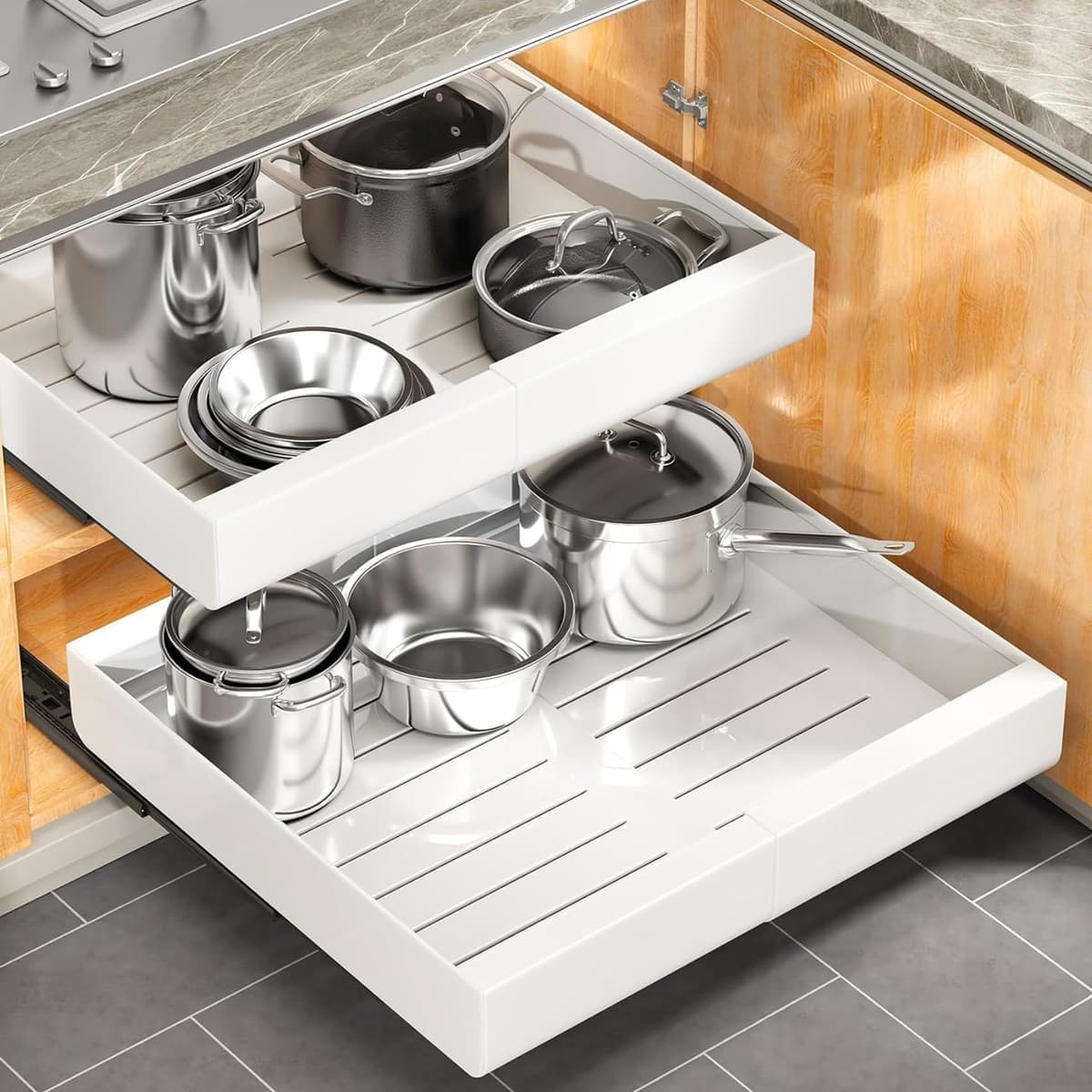 Pull out Cabinet Organizer, Expandable(12"-20") Heavy Duty Slide out Drawers Fixed with Adhesive Nano Film for Pots, Roll out Shelf Storage for Kitchen Base Cabinet, Pantry, Bathroom Cupboard — view 12