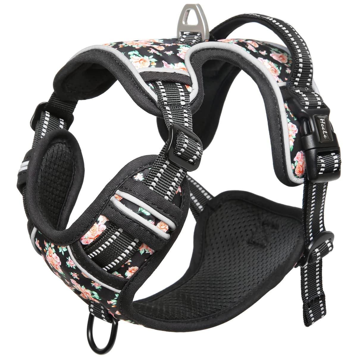 HEELE Arnés Reflectante para Perro, con Control de Mango Acolchado, 2 Anillos de Metal, arnés para Perros pequeños, medianos y Grandes, Flores-Negro, L — view 6