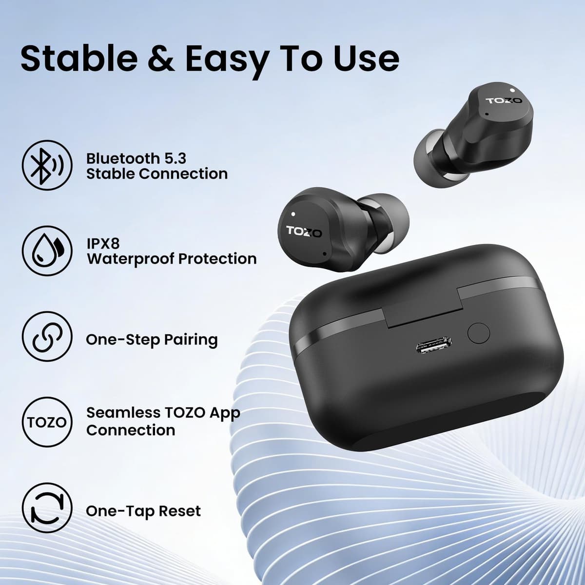 TOZO Hybrid Auriculares Inalámbricos Bluetooth 5.3 ANC Híbrida 6 Mics ENC, Reducción de Ruido 45dB, ORIGX 2.0 Acústico 32 EQs, 60H, Pantalla LED, USB Tipo C, IPX8, para Oficina y Commuting, Negro — view 9