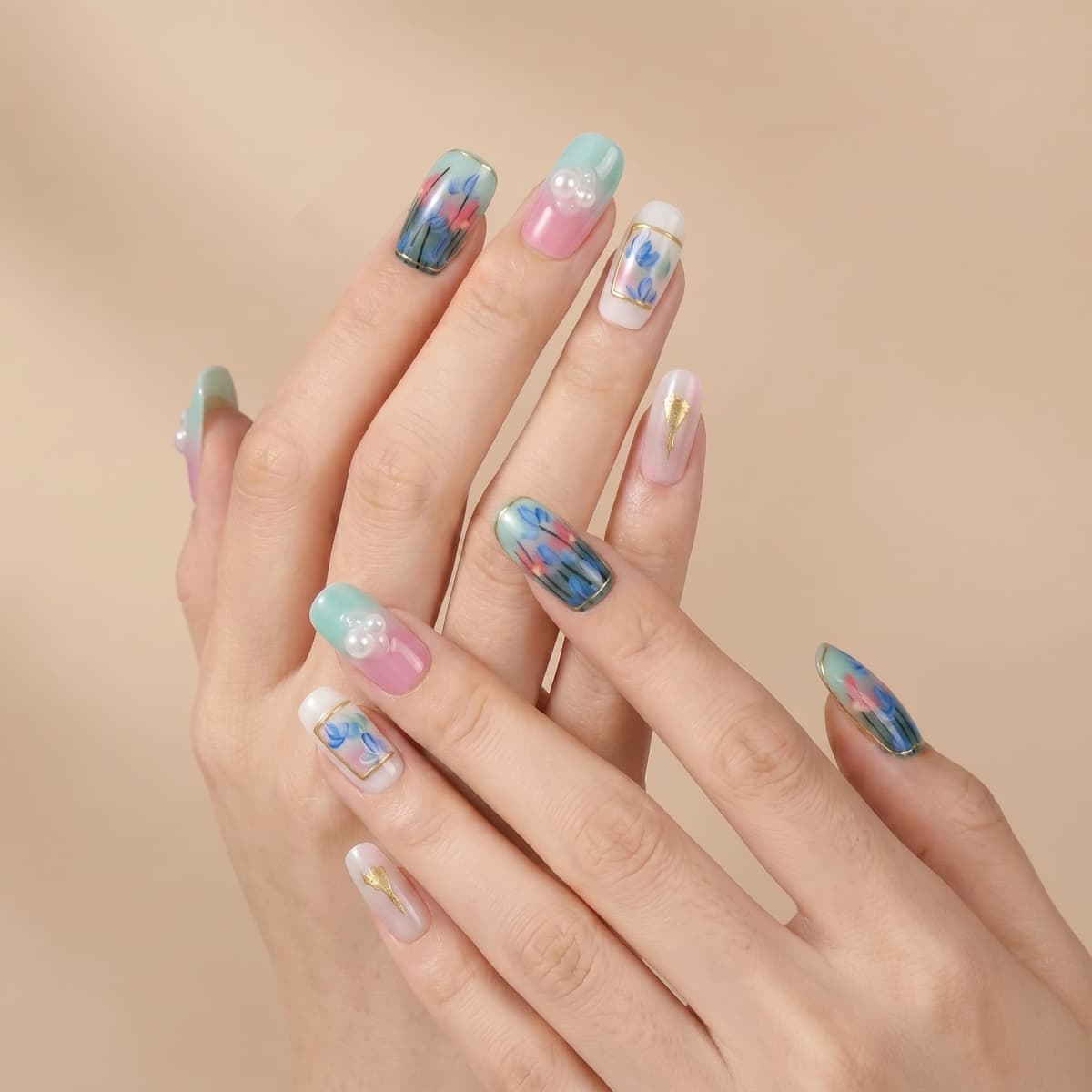 Sun&Beam Nails Handmade Press On Nails Short Square Nude Pink Blue Floral Glossy 10 Pieces Easy At Home Manicure for Everyday Wear (#013 XS) — view 3