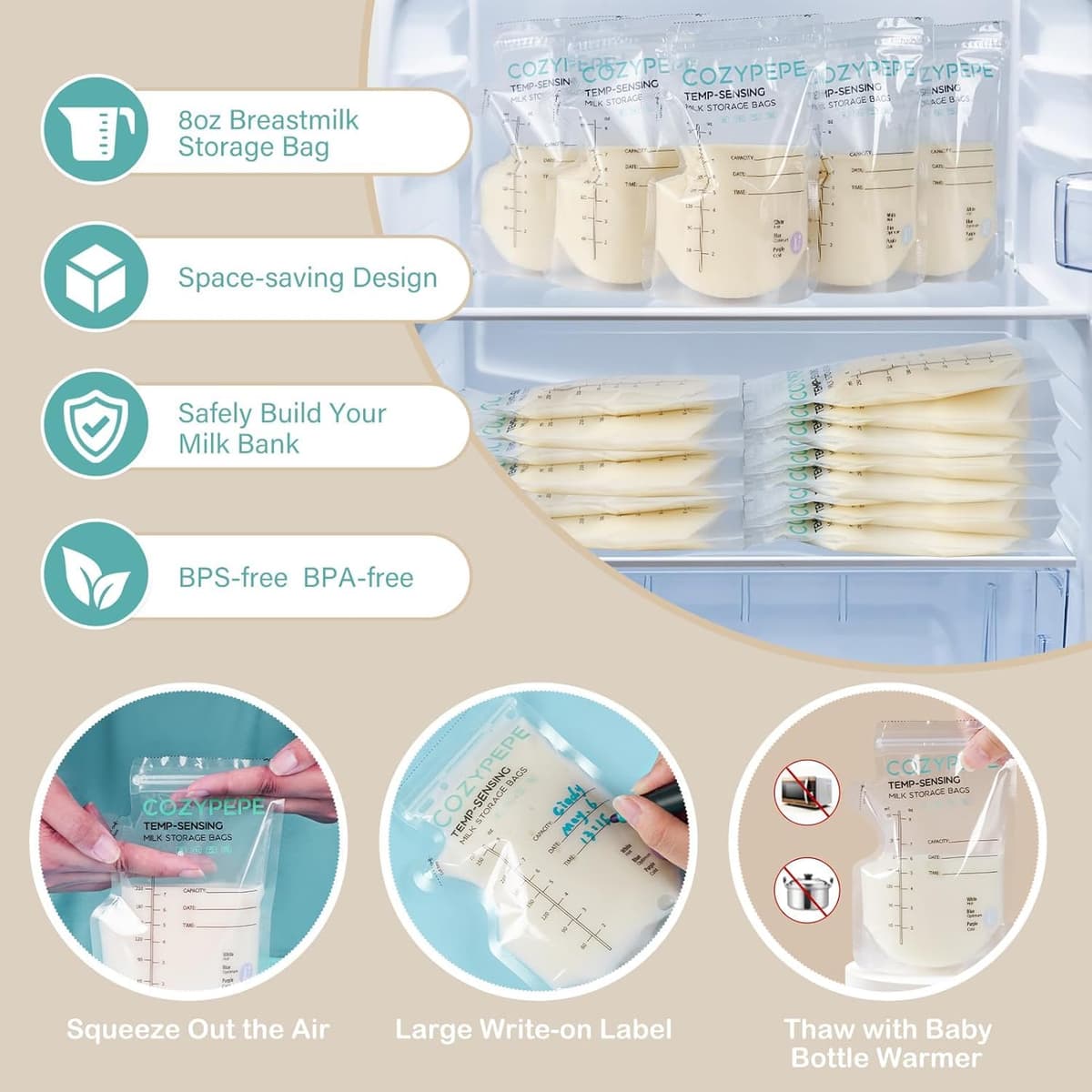 100 Pcs Breastmilk Storage Bags, 8oz/250ml Breast Milk Storing Bag with Pour Spout, Temperature-Sensing Color Change Milk Bag for Convenient Breastfeeding, No Leak Presterilized for Freezer — view 6