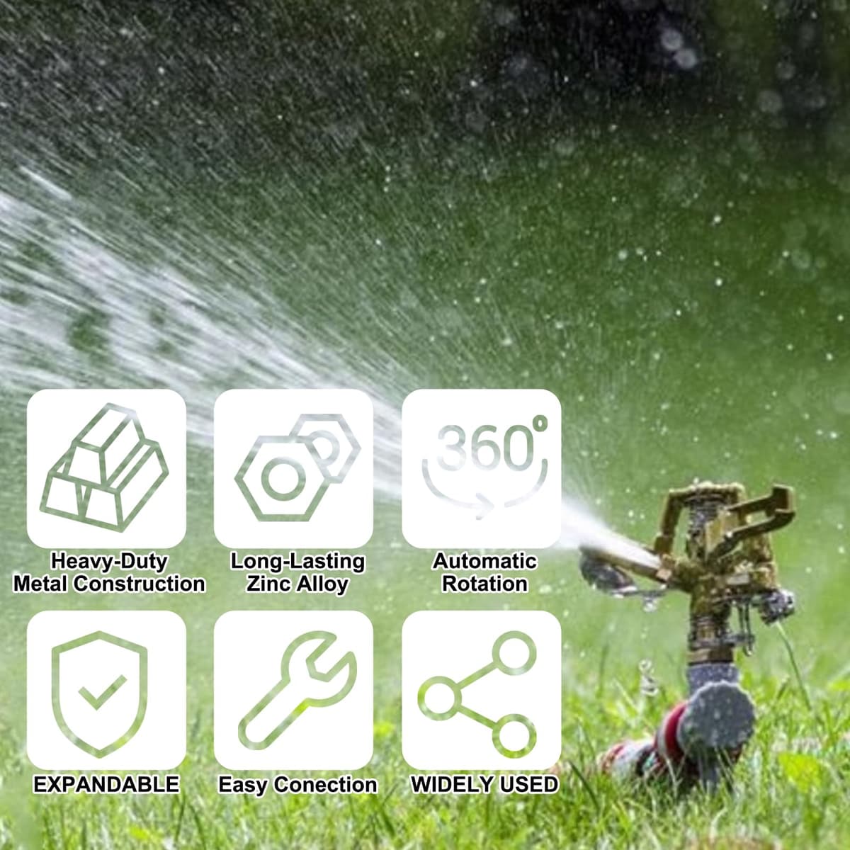 2 Pack Impact Lawn Sprinklers for Yard, Heavy Duty Water Sprinkler Head with Aluminum Alloy Spike Base, Adjustable Watering Sprinklers for Large Area Patio Lawn Garden Irrigation — view 4