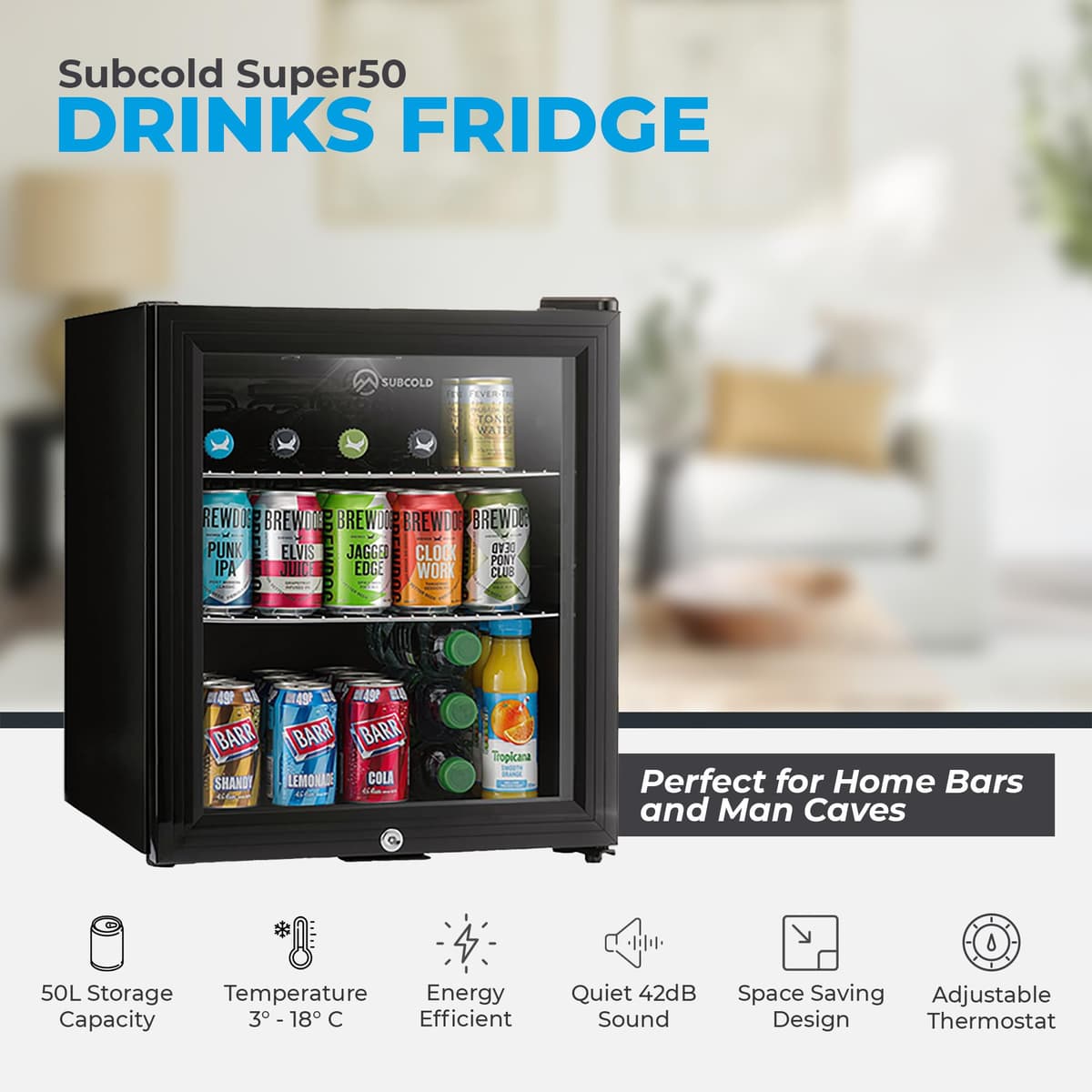Subcold Super50 LED – Mini Fridge Black | 50L Beer, Wine & Drinks Fridge | LED Light + Lock & Key | Energy Efficient (Black) — view 2