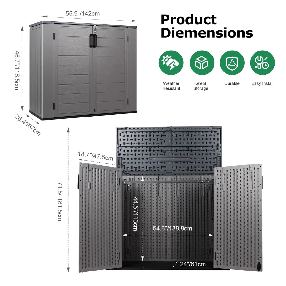 Panana Plastic Shed Garden Storage With Floor Lockable Outdoor Storage House Tool Shed Box, Compact Utility Tool Cabinet L142xW67xH 118.5cm (GSGD24) — view 3