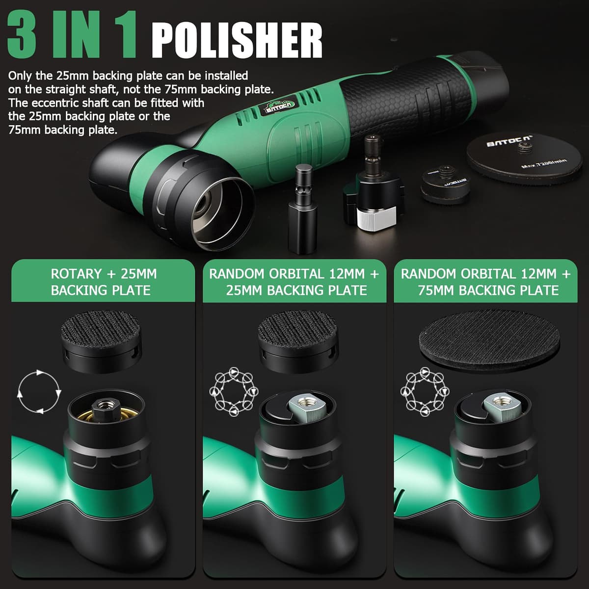 BATOCA S5 Cordless Mini Car Polisher Buffer Sander Dual Action & Rotary Polishing Machine 2X 12V Battery with 1" 3" Polishing Pads Kit for Car Motorcycle Detailing Polish Buffing 6-Speed 2000-5500RPM — view 5