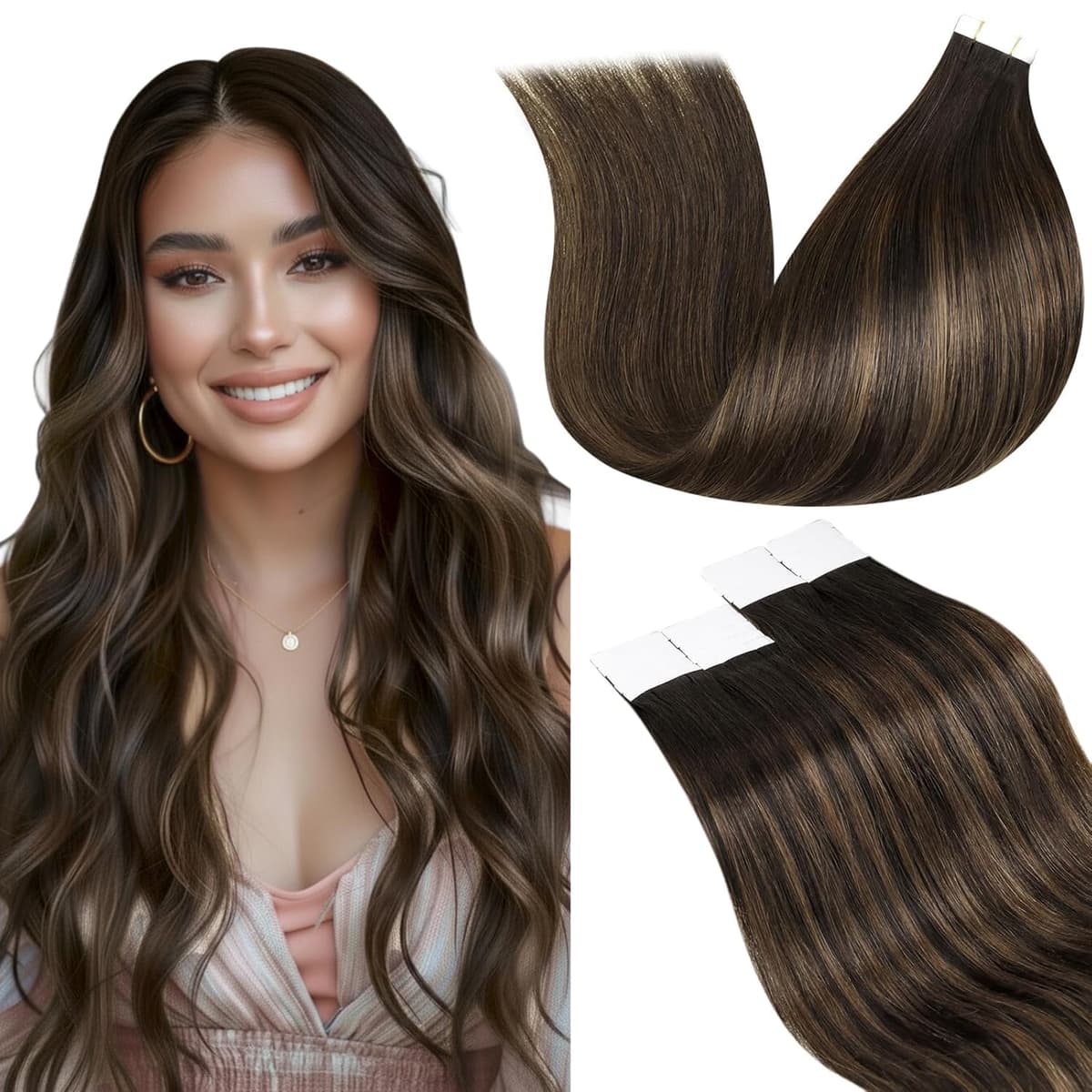 LaaVoo Tape in Hair Extensions Human Hair Blonde Tape Hair Extensions Real Human Hair Invisible Tapes Remy Straight Balayage Brown to Blonde Hair Double Sided Tabs 20pcs 50g 16 Inch #8/18/60 — view 132
