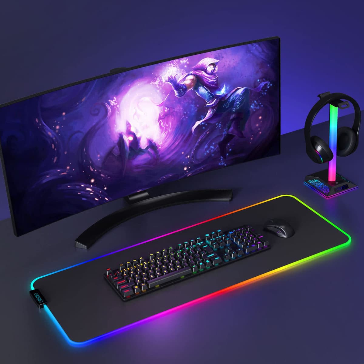 Hcman Headphone Stand Gaming Headset Holder RGB PC Gaming Accessories for Desk, Cool LED Headset Stand with 2 USB Charger for Gamer — view 3