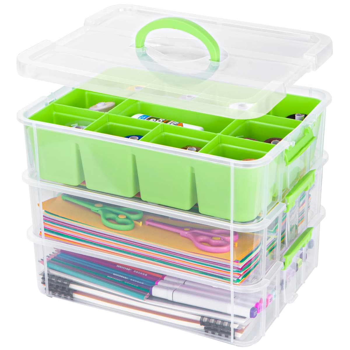 Creahaus 3 Layer Plastic Stackable Storage Boxes with Lid & Carry Handle,Storage Containers Multipurpose Portable Clear Organizer Carry Box for Organizing Art Craft,Sewing, Bead, Tool (Whter — view 7