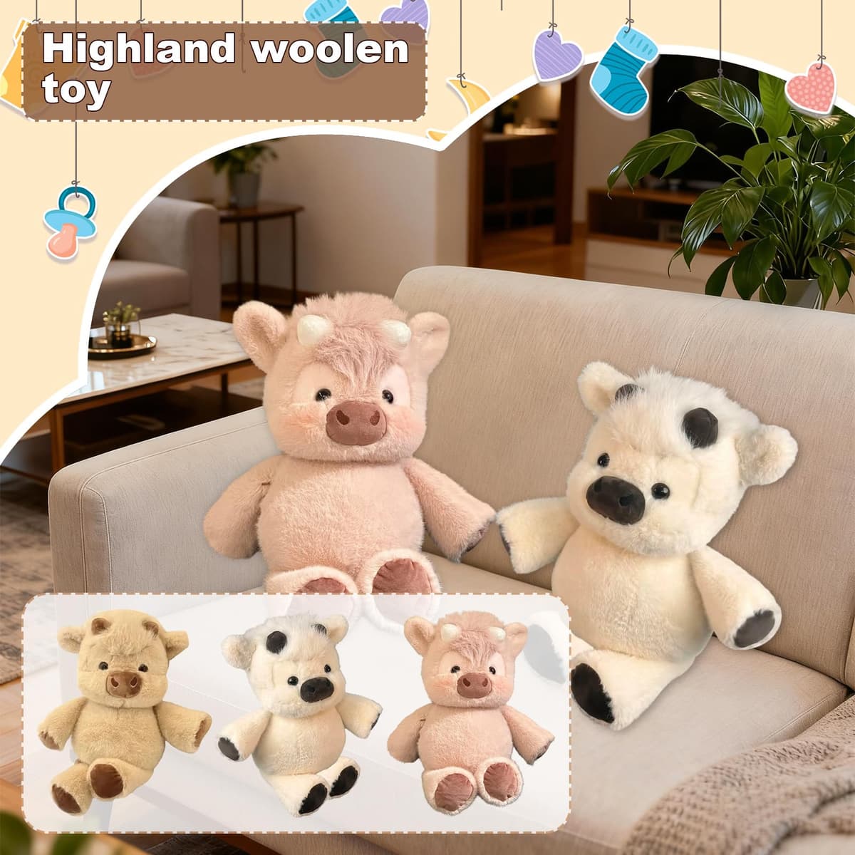 Highland Cow Plush, Soft Teddy Stuffed Animal, Adorable Furry Running Cow Toy for Stress Relief, Emotional Support Plushie Gift for Adults (Pink) — view 2