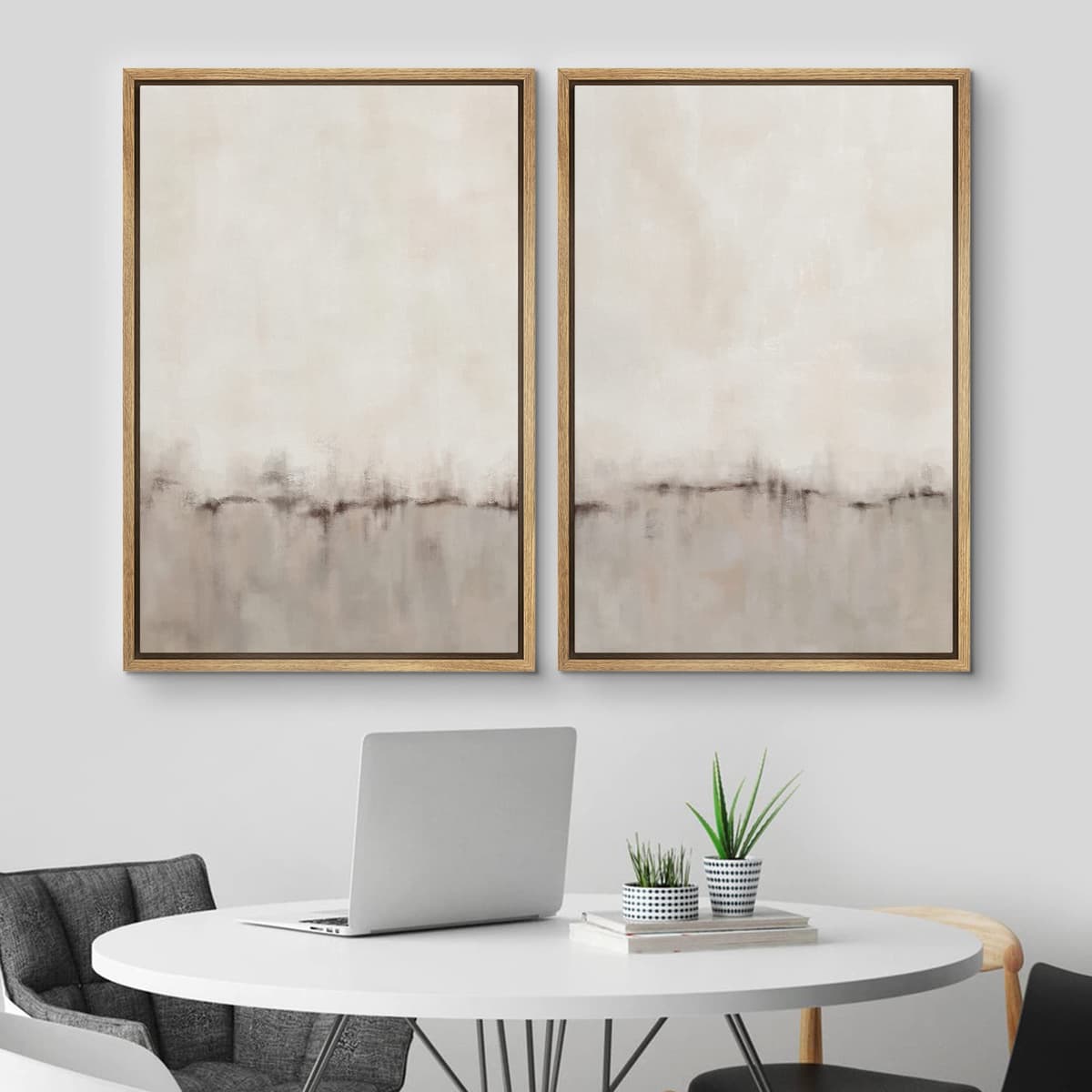 MUDECOR Framed Canvas Print Wall Art Set Watercolor Pastel Duotone Tan Landscape Abstract Shapes Illustrations Modern Art Decorative Contemporary for Living Room, Bedroom, Office - 24"x36"x2 Natural — view 2
