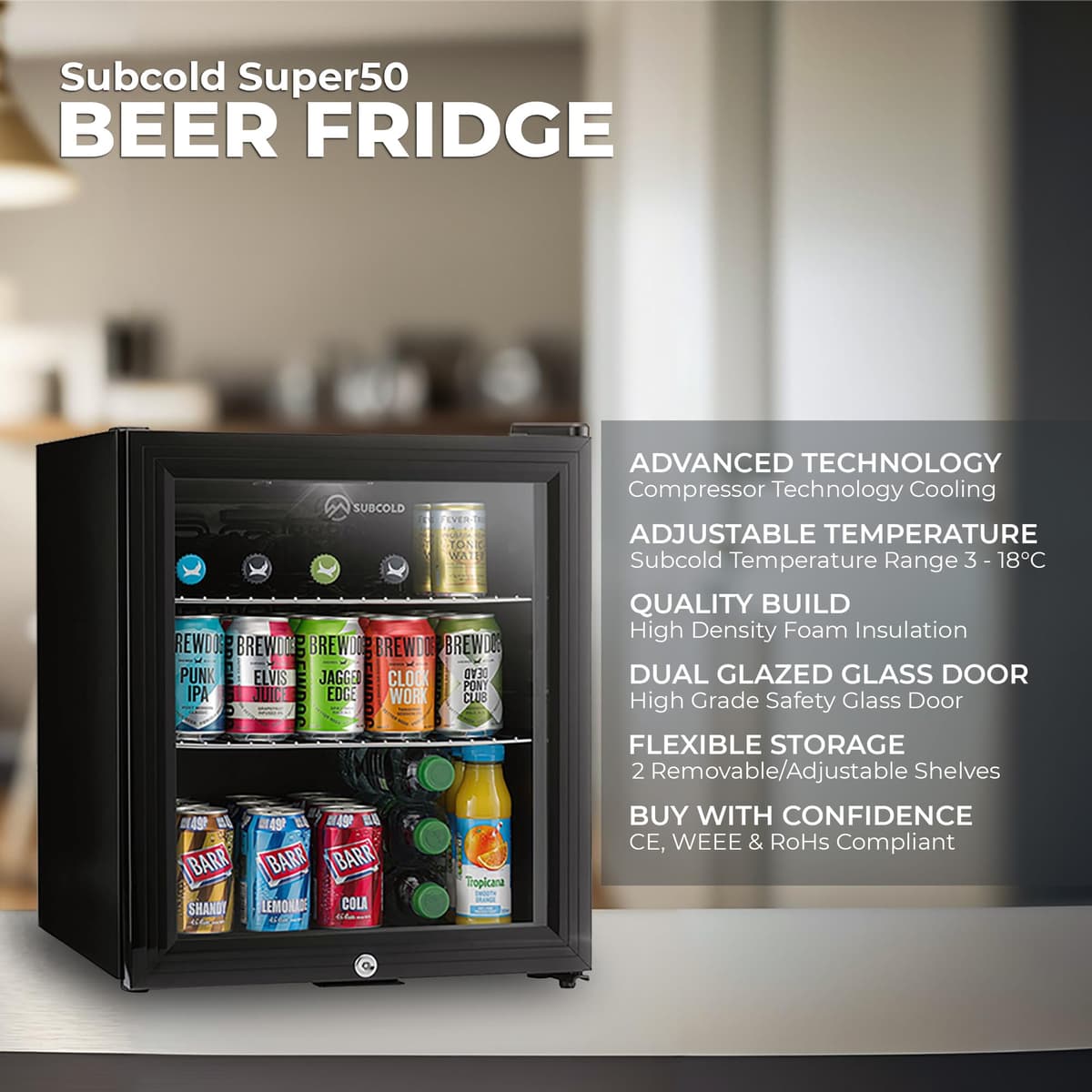 Subcold Super50 LED – Mini Fridge Black | 50L Beer, Wine & Drinks Fridge | LED Light + Lock & Key | Energy Efficient (Black) — view 3