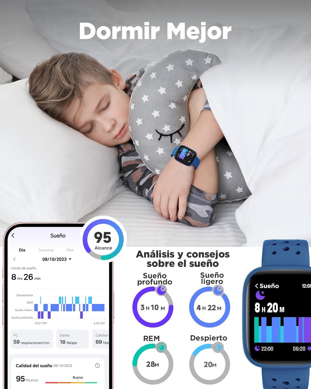 BIGGERFIVE Smart Watch for Kids, 1.8" Fitness Tracker Watch Pedometer, Heart Rate, Sleep Monitor, IP68 Waterproof, Calorie Step Counter, Puzzle Games with/Without APP for Girls Boys Teens 5-16, Blue — view 3
