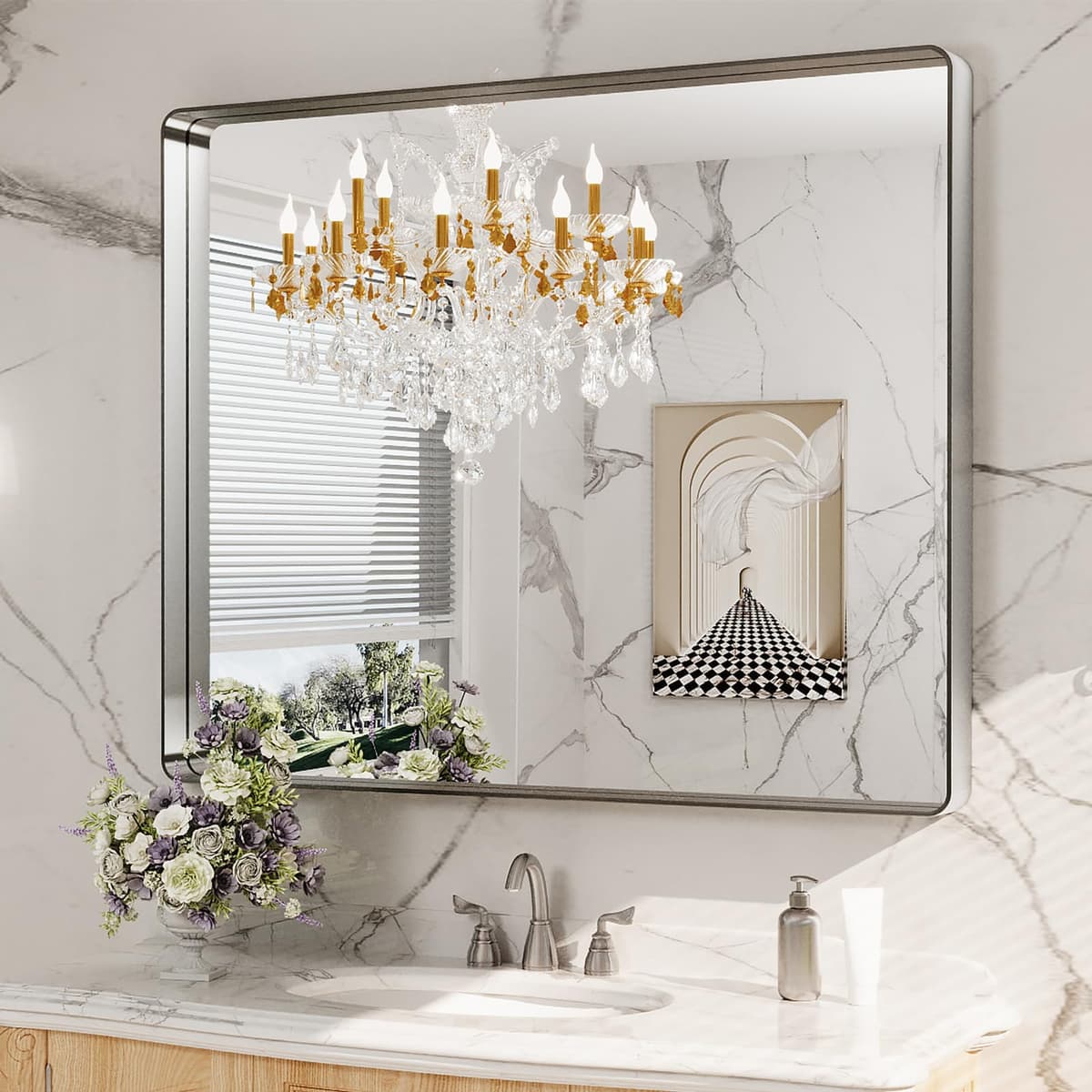 LOAAO 48”X36” Gold Bathroom Mirror, Rounded Rectangle Gold Frame Mirror, Brushed Gold Bathroom Vanity Mirror Wall-Mounted, Anti-Rust, Tempered Glass, Hangs Horizontally or Vertically — view 43
