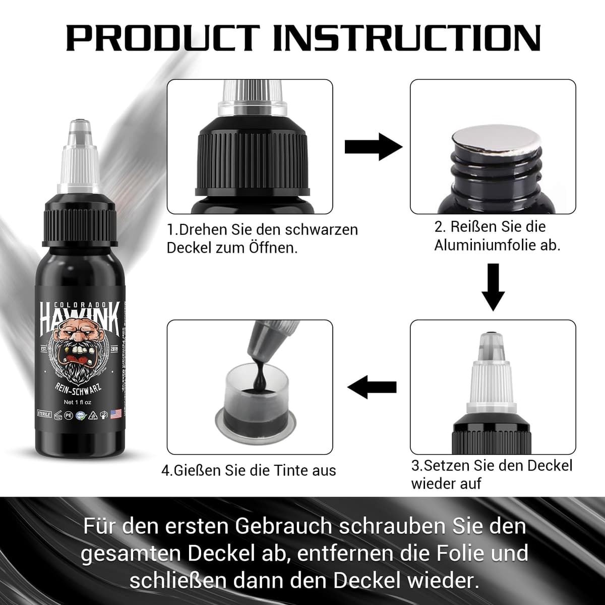 HAWINK Tinta de Tatuaje Profesional Negro Puro 1 Botella con 1oz (30ml) Pure Black Ink TI203DE-30-001 — view 2