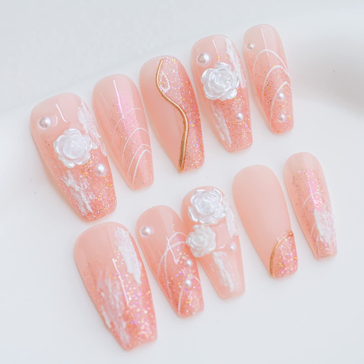 Sun&Beam Nails Handmade Press On Nail Long Coffin Ballerina Pink Flower Acrylic Fake Tip 3D Design Art Charms Cute with Storage Box 10 Pcs (S)