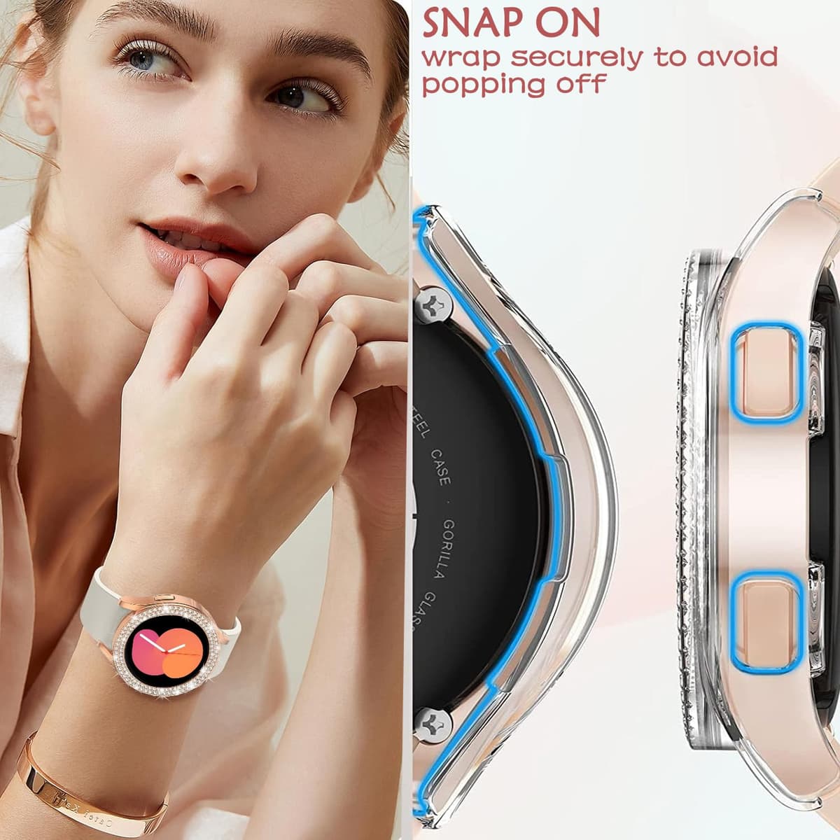 DEALELE [2-PACK] Case Compatible with Samsung Galaxy Watch FE / 5/4 40mm, Bling Double-row Diamond PC Protective Case Protector Cover, 40mm, Rose gold + Transparent — view 5