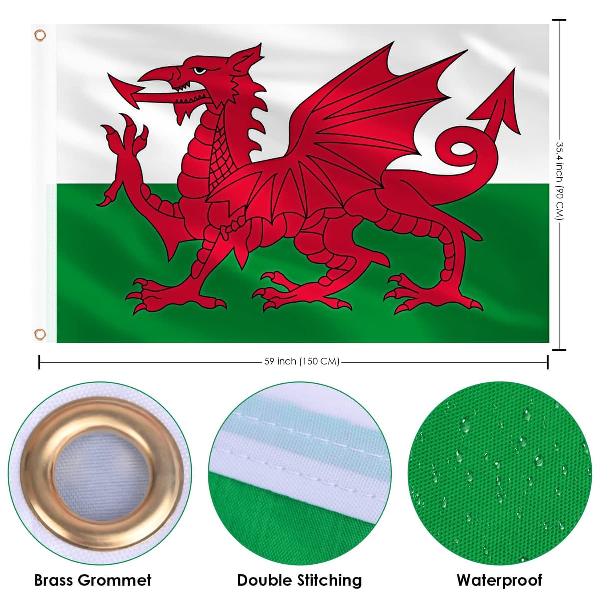 AhfuLife Welsh Flag 5ft x 3ft for St.David's Day Decorations, 1Pcs Large Wales Dragon Flag Double Side with Brass Eyelets for Rugby Football World Cup Garden Street Party Accessories — view 2