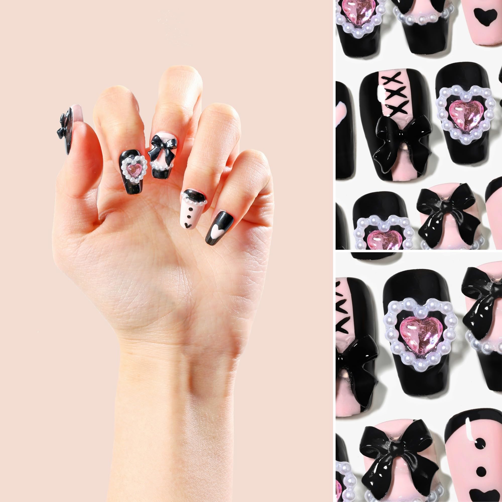 Sun&Beam Nails Handmade Press On Nail Long Coffin Ballerina Pink Flower Acrylic Fake Tip 3D Design Art Charms Cute with Storage Box 10 Pcs (S) — view 115