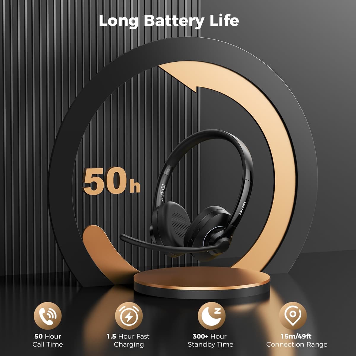 TECKNET Bluetooth Headset Wireless Headset with Microphone Active Noise Canceling,Bluetooth 6.0/USB-A On-Ear Headphones,50H Playtime & Mute,Wireless Headphones with Mic for Trucker Cellphone Office — view 4