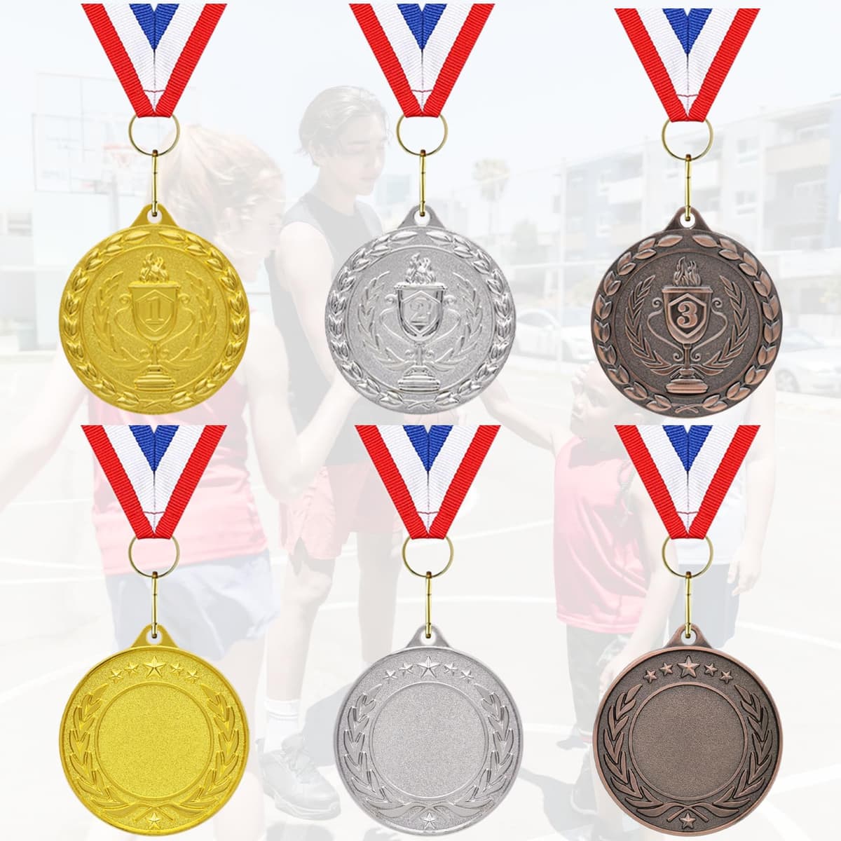 Medallas para niños, juego de 12 medallas del día deportivo de metal bronce plateado dorado con collar de cinta para los premios del día deportivo regalos de fiesta, niños adultos — view 3
