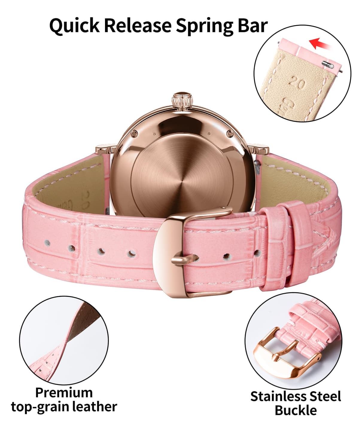 BINLUN Quick Release Leather Watch Straps Replacement Watch Bands Smart Watch Strap Crocodile Pattern in 10 Colors 13 Sizes with Silver/Gold/Rose-Gold Buckle for Men Women(10mm-24mm) — view 24