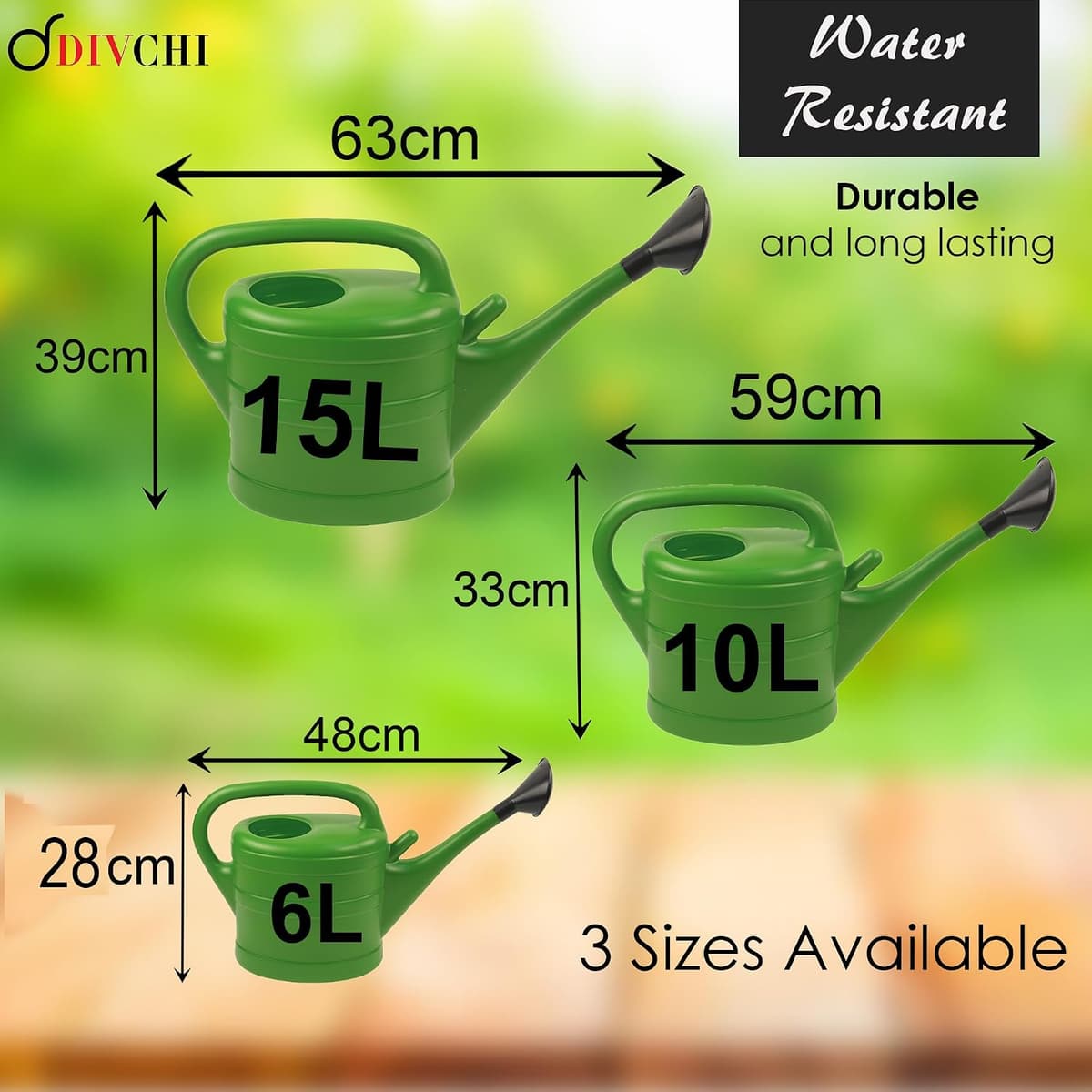 DIVCHI Green Plastic Watering Can with Wrap-Around Handle & Long Spout – Detachable Rose Sprinkler Head – Lightweight Garden Watering Can for Indoor & Outdoor Plant Care (6 Litre) 6 Litre Green — view 2