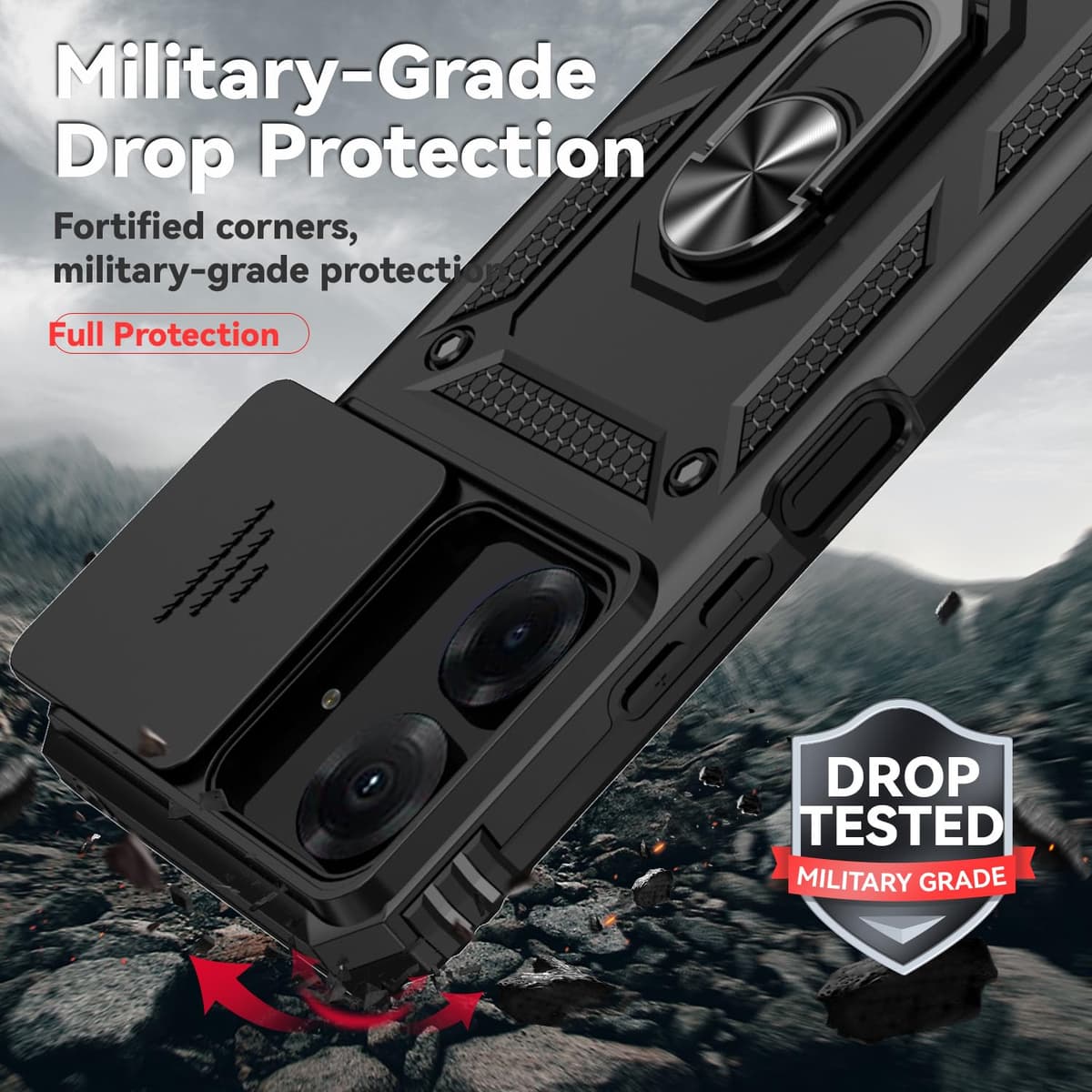 Jiyu Funda Compatible con Xiaomi Redmi 13C/ Poco C65 Carcasă Armor Militar Cubierta de Cámara Deslizante Proteger Fundas con 360 Full Protección Anillo Soporte Silicona Estuche Cover Case,Negro — view 5