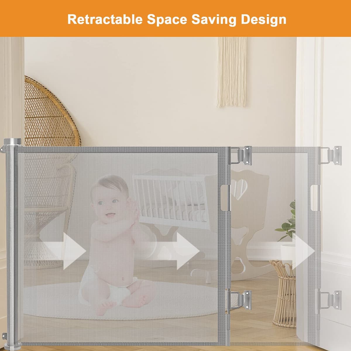 Retractable Stair Gate for Baby, Extra Wider Safety Dog Gate 150cm, 86cm Tall, One Hand Operated Baby Gate for Stairways & Hallways, Indoor & Outdoor, Grey (150cm) — view 4