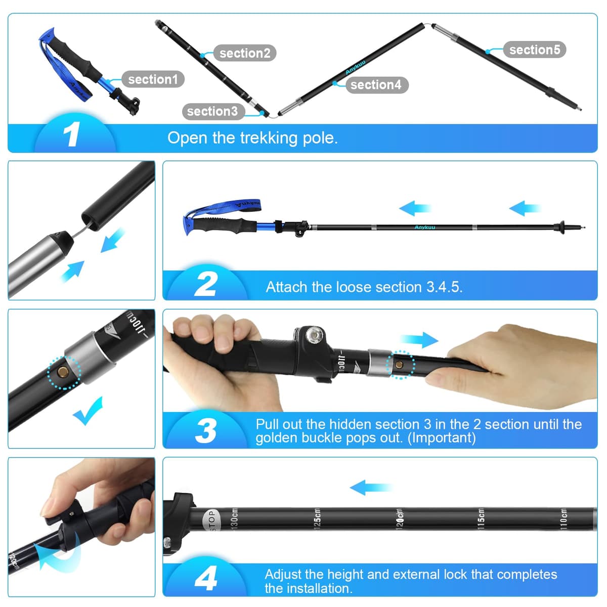 Anykuu 7075 Bastones de Senderismo de Aleación de Aluminio 2pcs y EVA Bastones Trekking Bastones Marcha Nordica Plegables Ajustar la Longitud 110-130CM para Senderismo Viaje Alpinismo Trail — view 6