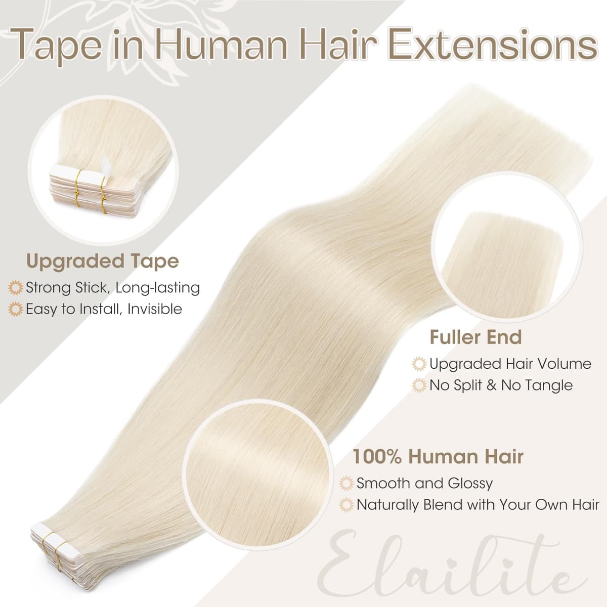 Elailite Tape in Hair Extensions Human Hair Real Human Hair 10 Pcs Invisible Thin Type - Seamless Skin Weft Remy Hair Extension (#70 Bleach White, 12 Inch-10g) — view 4