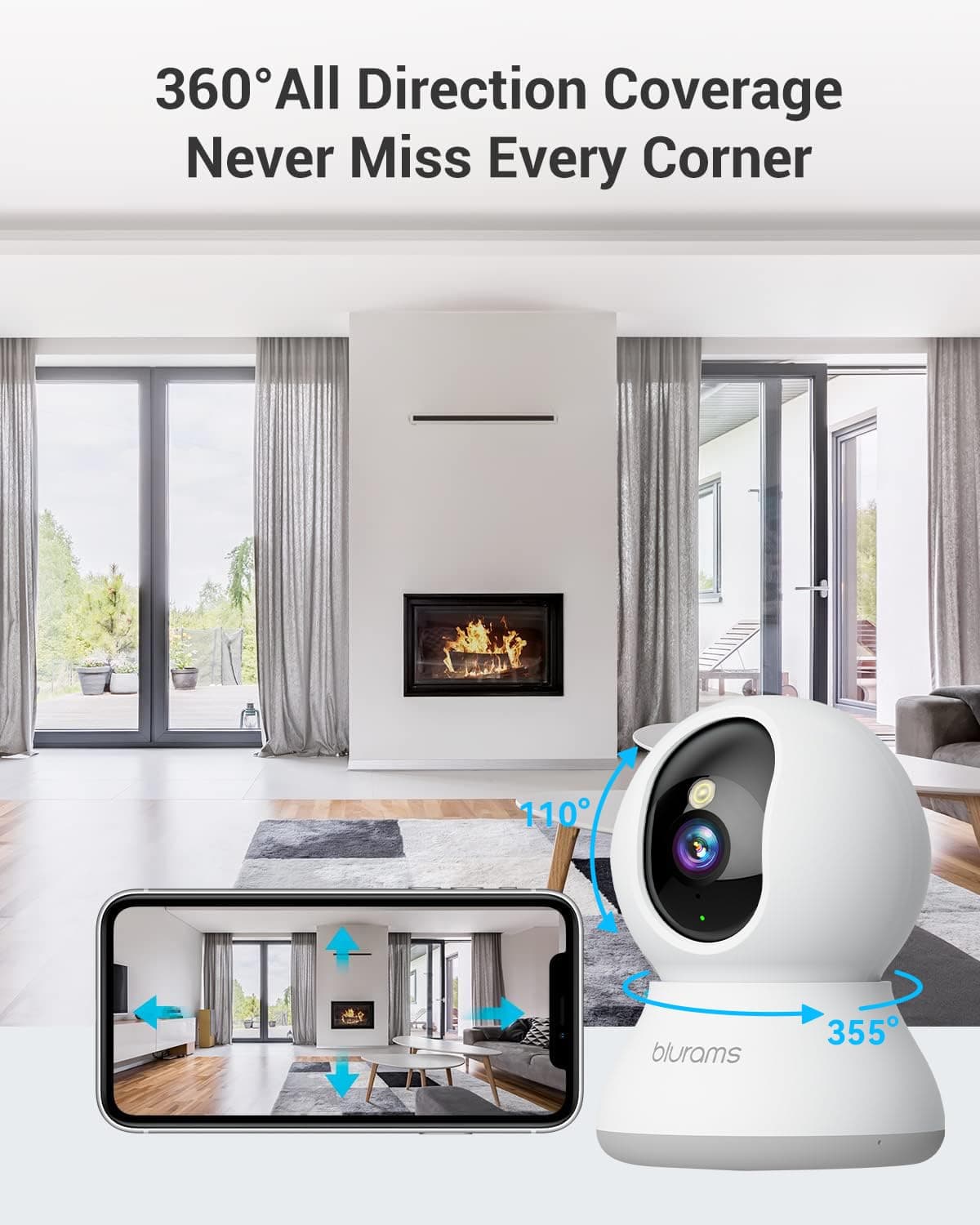 blurams Security Camera, 2K Indoor Camera 360-degree Pet Camera for Home Security w/ Motion Tracking, Phone App, 2-Way Audio, IR Night Vision, Siren, Works with Alexa & Google Assistant,White — view 4